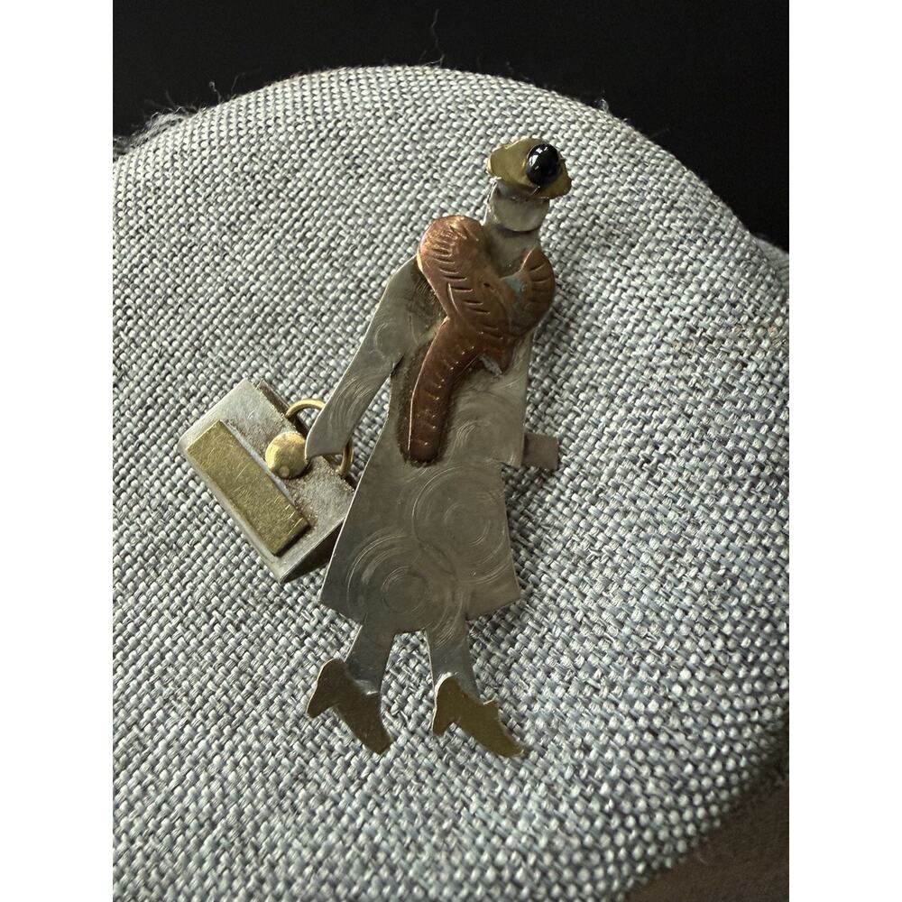 Vintage Mixed Metal Women With Purse Brooch Pin Copper Brass Articulated Artsy
